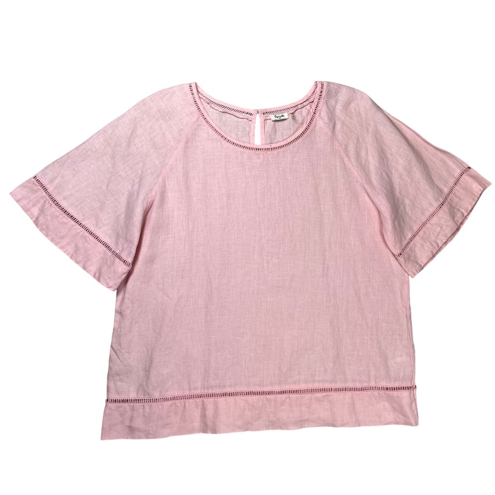 Symple NYC Linen Blouse Womens Medium Pink Ladder Stitch Raglan Short Sleeve Top